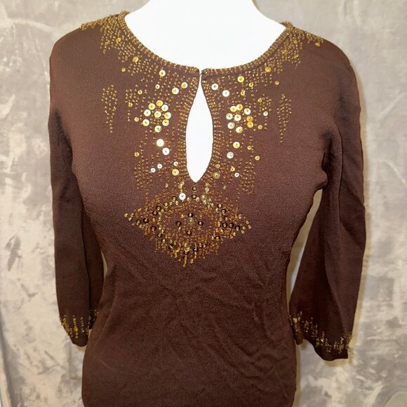 JOSEPH A Viscose‎ BROWN & GOLD DAZZLE SEQUIN Sweater Women Sz M - Picture 1 of 6